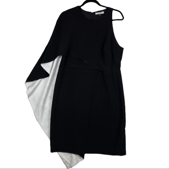 HALSTON HERITAGE Flowy Cape Sleeve Asymmetric Black Mini Dress Size 14 - Picture 3 of 8